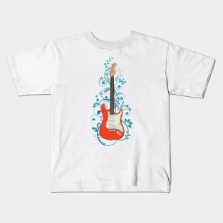 Red S-Style Electric Guitar Flowering Vines Kids T-Shirt